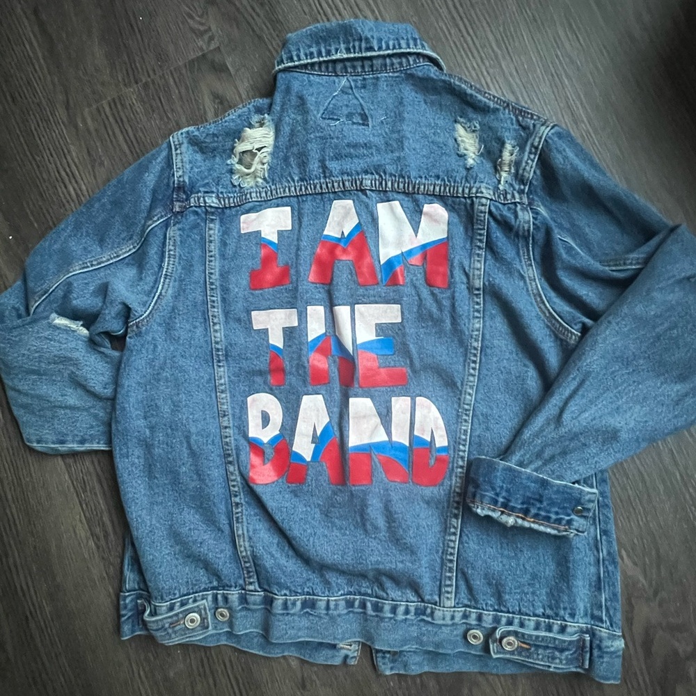 Denim Jacket with Red and White Text